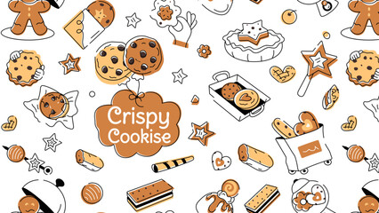 Doodle style cookie pattern depicting various types of bakery food and confectionery items 