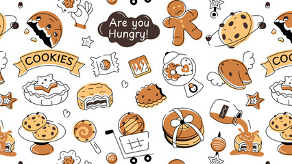 Doodle style cookie pattern depicting various types of bakery food and confectionery items 