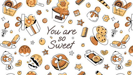 Doodle style cookie pattern depicting various types of bakery food and confectionery items 