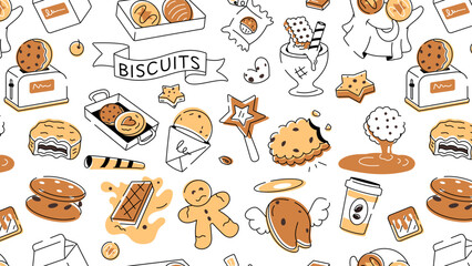 Doodle style cookie pattern depicting various types of bakery food and confectionery items 