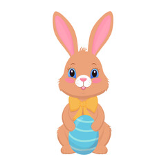 Cute brown bunny with bow tie with Easter egg isolated on white background, vector flat, Easter