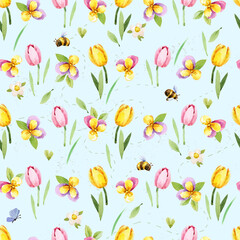 Pastel Decorative Watercolor Flowers seamless pattern - 756718529