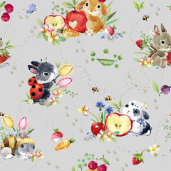 Watercolor seamless pattern with cute white rabbits and leaves. Wild animals, flowers. Hand-drawn adorable hare, branch, plants. Springtime background - 756718543