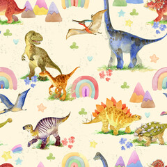 Hand drawn seamless pattern with dinosaurs and floral elements. Cute watercolor illustration design. Perfect for kids fabric, textile, nursery wallpaper. - 756718545