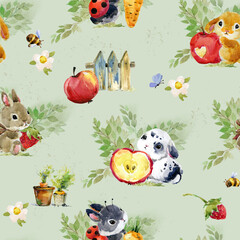 Watercolor seamless pattern with cute white rabbits and leaves. Wild animals, flowers. Hand-drawn adorable hare, branch, plants. Springtime background - 756718553