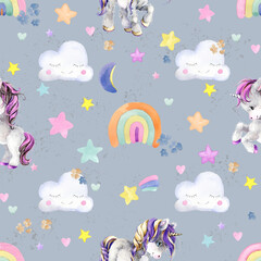 Colorful Unicorn pastel rainbow and clouds on blue sky watercolor seamless pattern. - 756718560