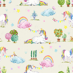 Colorful Unicorn pastel rainbow and clouds on blue sky watercolor seamless pattern. - 756718561