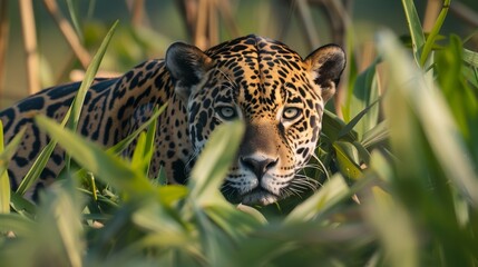 An American jaguar hunting in the wild nature of the Pantanal.