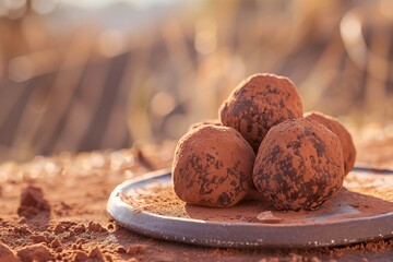 Organic vegan chocolate truffles, delicately dusted with fair-trade cocoa powder, embodying Earth Day's celebration of ethical and sustainable indulgence. - obrazy, fototapety, plakaty