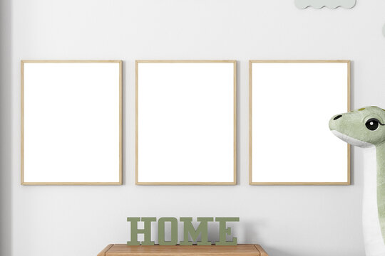 Blank frame on the wall  in kids room, 3d render