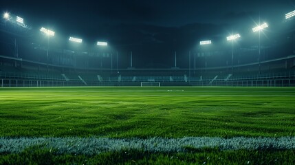 An illuminated universal grass stadium with spotlights and a vacant green playground. - obrazy, fototapety, plakaty