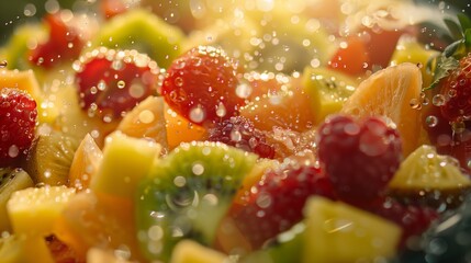 A close-up shot of a refreshing fruit salad, glistening with droplets of condensation, surrounded by the natural elements of a joyful summer picnic.