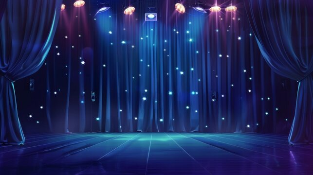 Show banner background with blue curtain, spotlights on stage, glossy floor, and fabric drapery in concert hall. Modern realistic illustration of award or graduation ceremony.