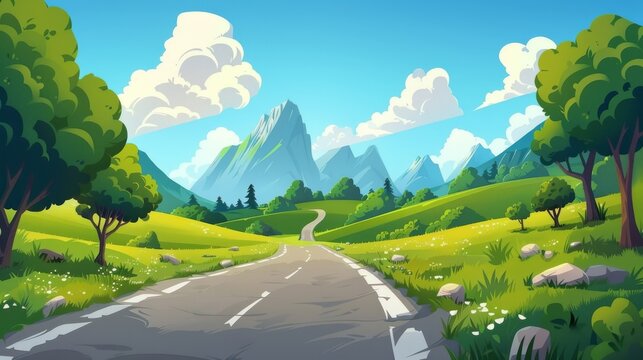 An empty road is surrounded by green fields and grassy meadows, mountains, and blue sky with clouds. Cartoon summer modern scenery of a highway leading to rugged hills. A countryside landscape with