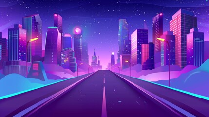 The road leads to a city with multi-story buildings and neon lights at night. This is a cartoon modern landscape with an asphalt highway heading into town. Skyscrapers and streetlights are set