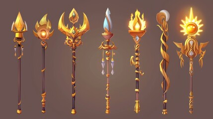 UI design for fantasy scepter with golden metal. Cartoony modern illustration of wizard and magician fantastic weapon design. Sorcerer enchantment stuff for role-playing games. - obrazy, fototapety, plakaty