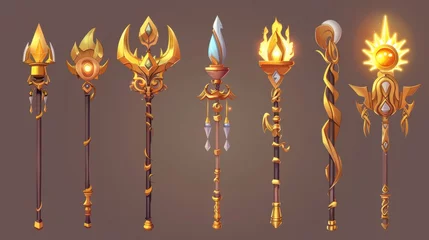 Fototapeten UI design for fantasy scepter with golden metal. Cartoony modern illustration of wizard and magician fantastic weapon design. Sorcerer enchantment stuff for role-playing games. © Mark