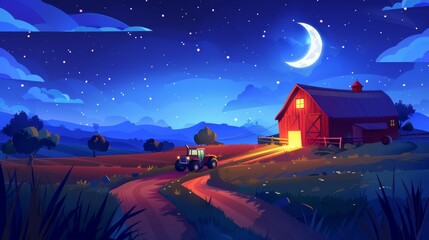 Farm scene at night with red wooden barn and tractor on a dirt road in the field. Rural dark agriculture scenery. Ranch with house and vehicles in dusk under starry skies.