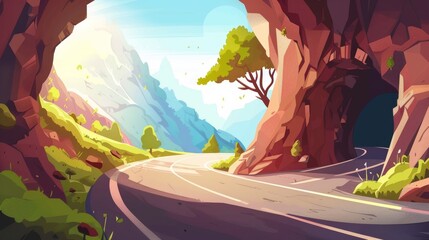 Serpentine road goes over cliff in mountains out of tunnel filled with sunlight. Cartoon summer modern landscape with asphalt highway in rocky hills. Landscape with freeway on country side.