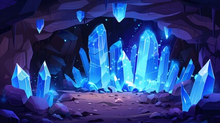 Cartoon modern tunnel with luminous diamonds. Rocky dungeon mine with glittering treasure minerals for game UI designs.