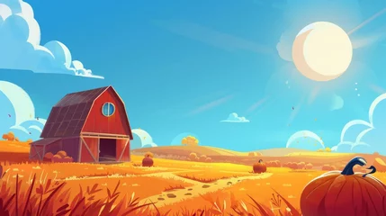 Gardinen Agricultural landscape with red wooden barn, pumpkin harvest, orange grass, and soil. Modern illustration with house and vegetables under blue sky and bright sun. © Mark