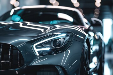 Close up of a luxury, expensive gray car parked in a garage. The image showcases the sporty and modern design of the car, with clean lines and detailed front view. - obrazy, fototapety, plakaty