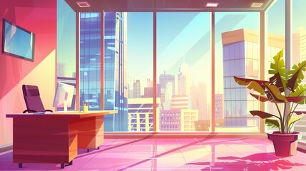 Empty office or apartment space with large windows and view of city skyscrapers. Modern cartoon illustration with pink house inside and urban landscape through glass.