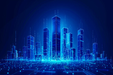 blue digital city background, glowing cityscape in cyberspace