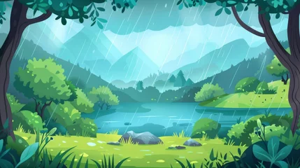Gordijnen An illustration of wet forest trees surrounding a lake, green grass on hills under a dull cloudy sky, summer rainfall, and beautiful scenery in a valley in the mountains. © Mark