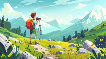 Foto auf Acrylglas Teen boy with hiking backpack and equipment looks at his photography camera as he stands on path in foothills of mountains. Cartoon summer landscape with young tourist and photographer. © Mark
