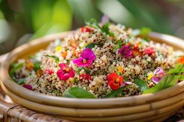 Quinoa Salad with Edible Flowers for Earth Day – Visualize a vibrant quinoa salad, bursting with...