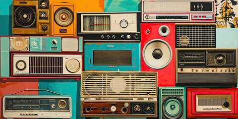 Collection of old vintage radio and cassette player on grunge background. A collage-style composition featuring various radios from different eras, capturing the evolution of the medium. - obrazy, fototapety, plakaty