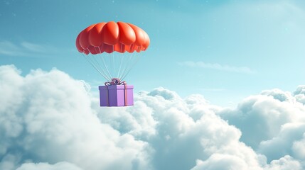 Cute cartoon parachute carrying a purple gift box through fluffy clouds in a whimsical journey
