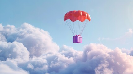 Cute cartoon parachute carrying a purple gift box through fluffy clouds in a whimsical journey