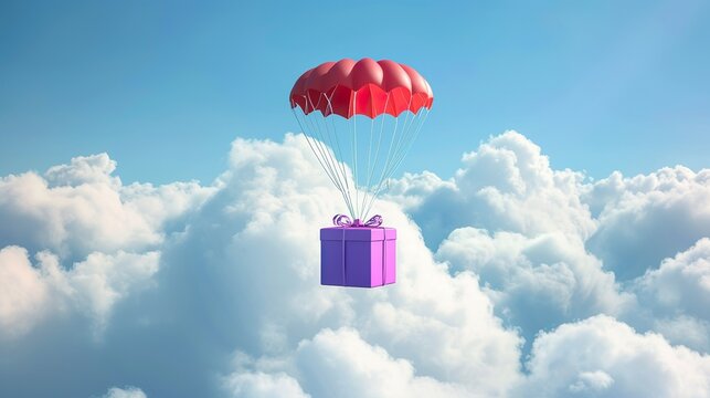 Cute cartoon parachute carrying a purple gift box through fluffy clouds in a whimsical journey