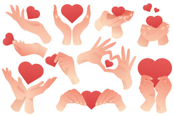 Set of cartoon hands with hearts. Fingers hold heart. Human hands holding and giving red hearts. Valentine's Day, Kindness Day, love, support. Love symbols banner.
