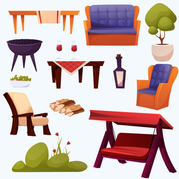 Home backyard garden furniture and elements. Bundle of hammock, trees, potted, carafe and glasses, table, chairs and other. Vector illustration EPS10