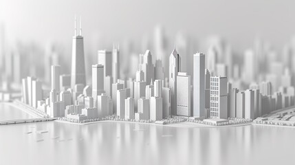 Fototapeta na wymiar Miniature Chicago Downtown buildings and skyscrapers installation, 3D miniature city model in white