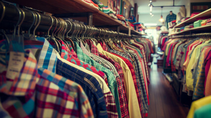 Colorful shirts on hangers in a clothing store, showcasing a variety of patterns and styles for shoppers.