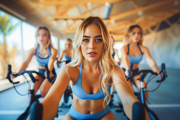 Young woman in a spinning class at the gym leading a group of cyclists in a workout session, showing determination and fitness motivation.
