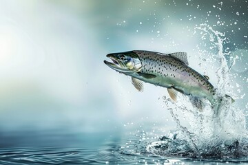 A rainbow trout leaps out of the water, creating a splash as it catches bait in mid-air. - obrazy, fototapety, plakaty