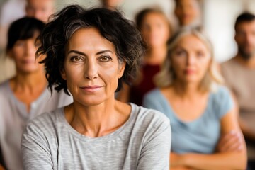 Obraz premium Portrait of a confident mature woman with a group of people blurred in the background at an indoor event or seminar.