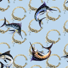 Watercolor seamless pattern with underwater fish marlin - 756721309