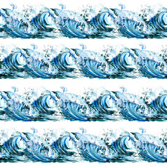 Watercolor sea. Seamless pattern. Horizontal Blue waves in the ocean. Drawn pattern of ocean waves - 756721329