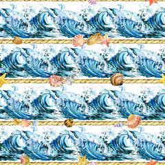 Watercolor sea. Seamless pattern. Horizontal Blue waves in the ocean. Drawn pattern of ocean waves - 756721335