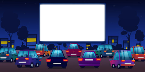 Outdoor cinema, drive-in movie theater with cars on open air parking. Drive-in cinema. Vector cartoon night city with glowing white blank screen and automobiles. - obrazy, fototapety, plakaty