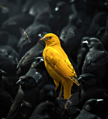Fototapeta premium Gray gloomy dark society all black and depressing the only bright spot, color in the darkness. A yellow symbolic bird among black ravens. Uniqueness in the crowd.