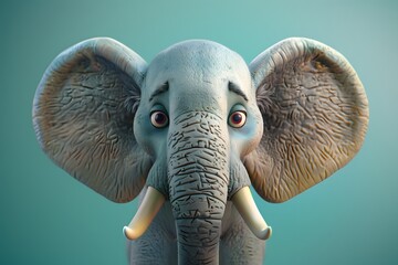a cartoon elephant, gracefully posed against a muted turquoise backdrop, with lifelike textures and...