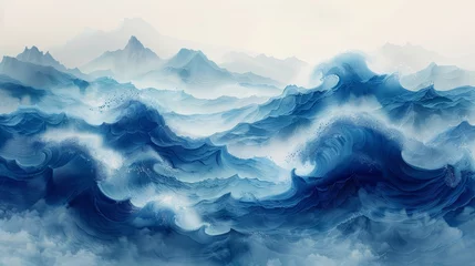 Zelfklevend Fotobehang Watercolor texture modern with blue brushstroke pattern of Japanese ocean waves. Abstract art landscape banner design. Marine theme. © Mark
