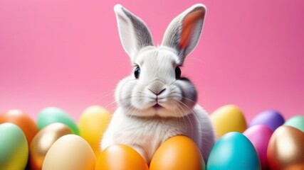 Fototapeta na wymiar Easter bunny surrounded by colorful Easter eggs